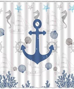 Nautical Anchor Beach Shower Curtain, Ocean Theme Bath Decor with Seashells and Marine Life