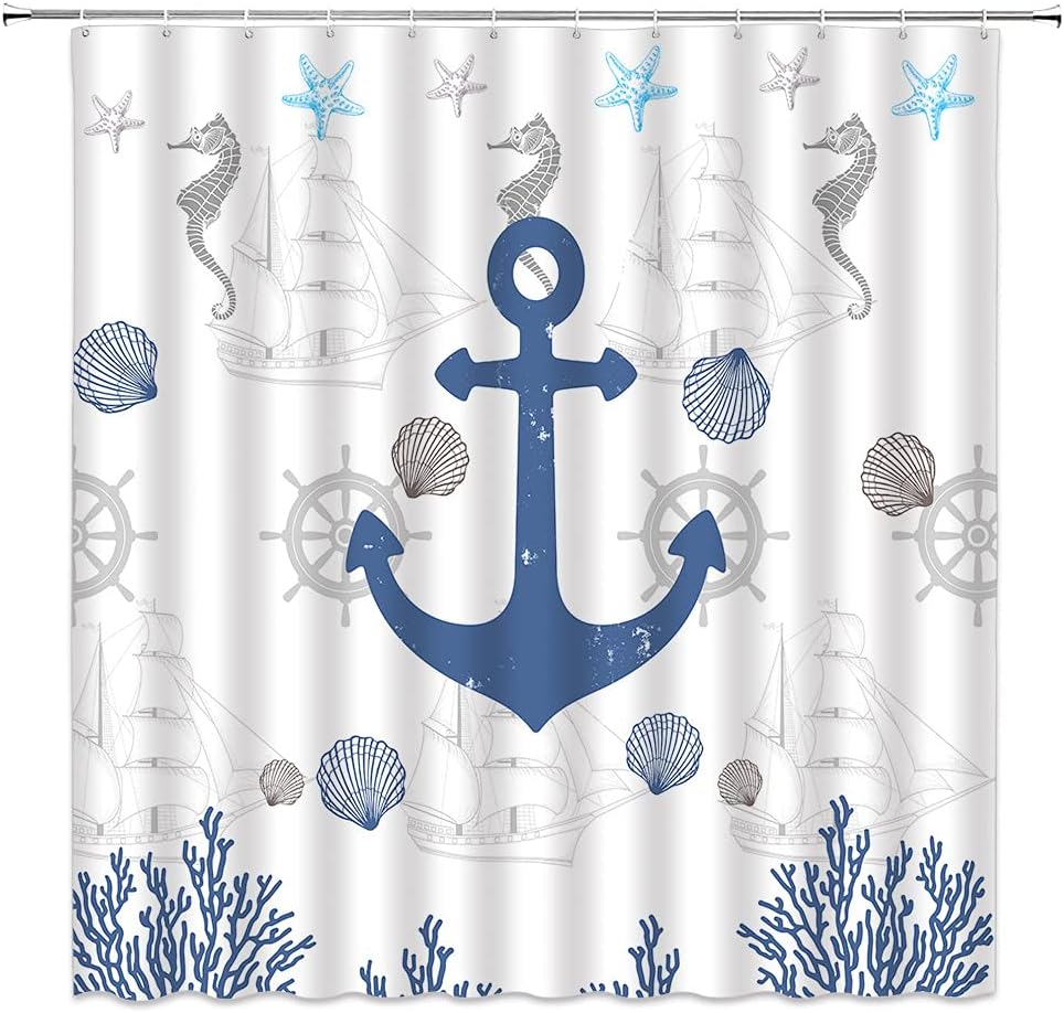 Nautical Anchor Beach Shower Curtain, Ocean Theme Bath Decor with Seashells and Marine Life