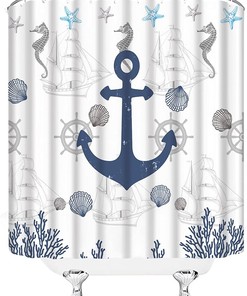 Nautical Anchor Beach Shower Curtain, Ocean Theme Bath Decor with Seashells and Marine Life