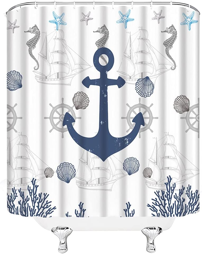 Nautical Anchor Beach Shower Curtain, Ocean Theme Bath Decor with Seashells and Marine Life