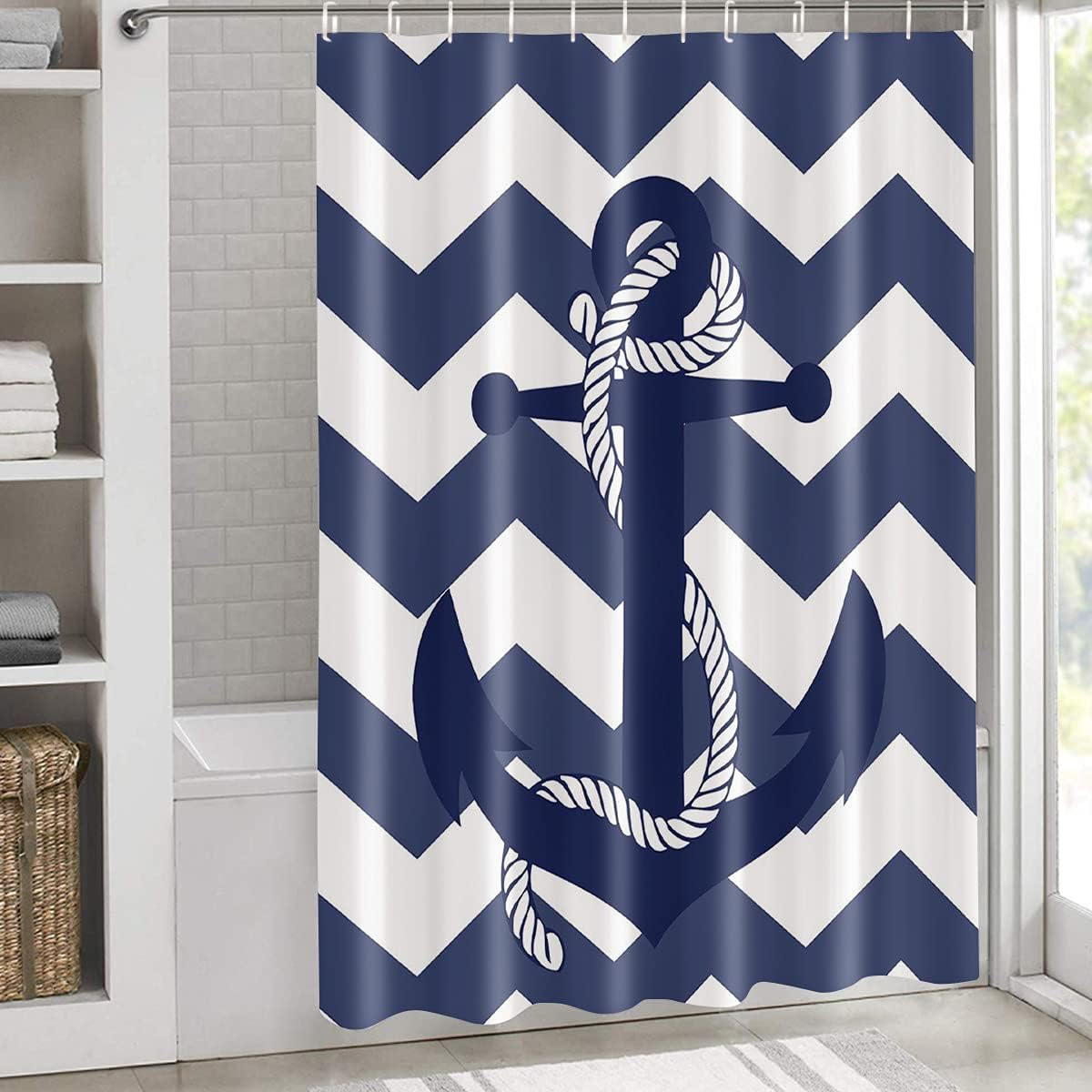 Nautical Anchor Blue Abstract Chevron Geometric Shower Curtain for Chic Bathroom Design