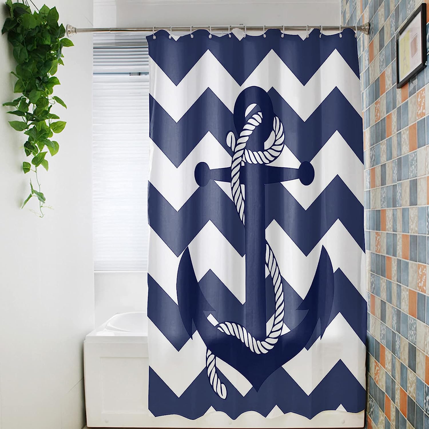Nautical Anchor Blue Abstract Chevron Geometric Shower Curtain for Chic Bathroom Design