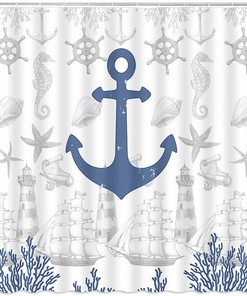 Nautical Anchor Coastal Shower Curtain, Shell Seahorse Marine Life Design for a Beachy Bathroom 