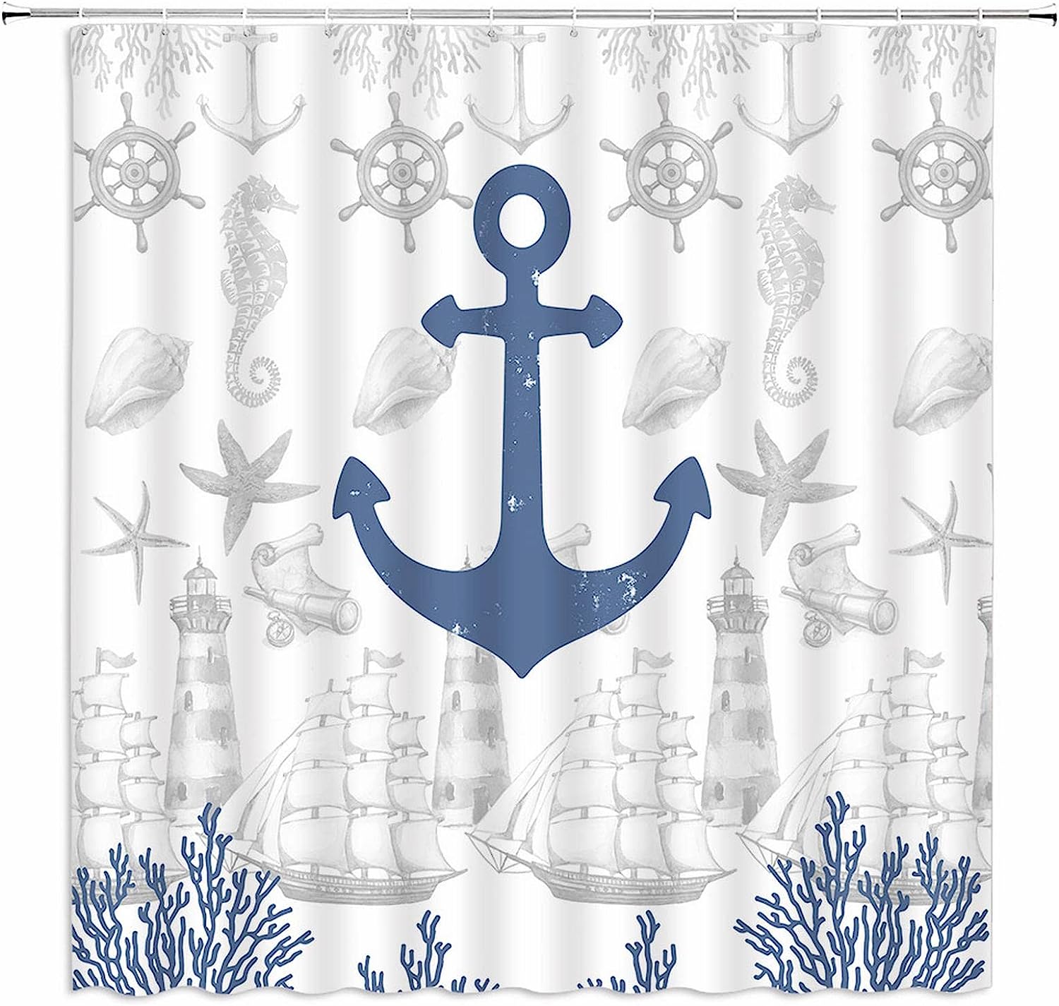 Nautical Anchor Coastal Shower Curtain, Shell Seahorse Marine Life Design for a Beachy Bathroom