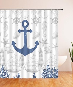 Nautical Anchor Coastal Shower Curtain, Shell Seahorse Marine Life Design for a Beachy Bathroom