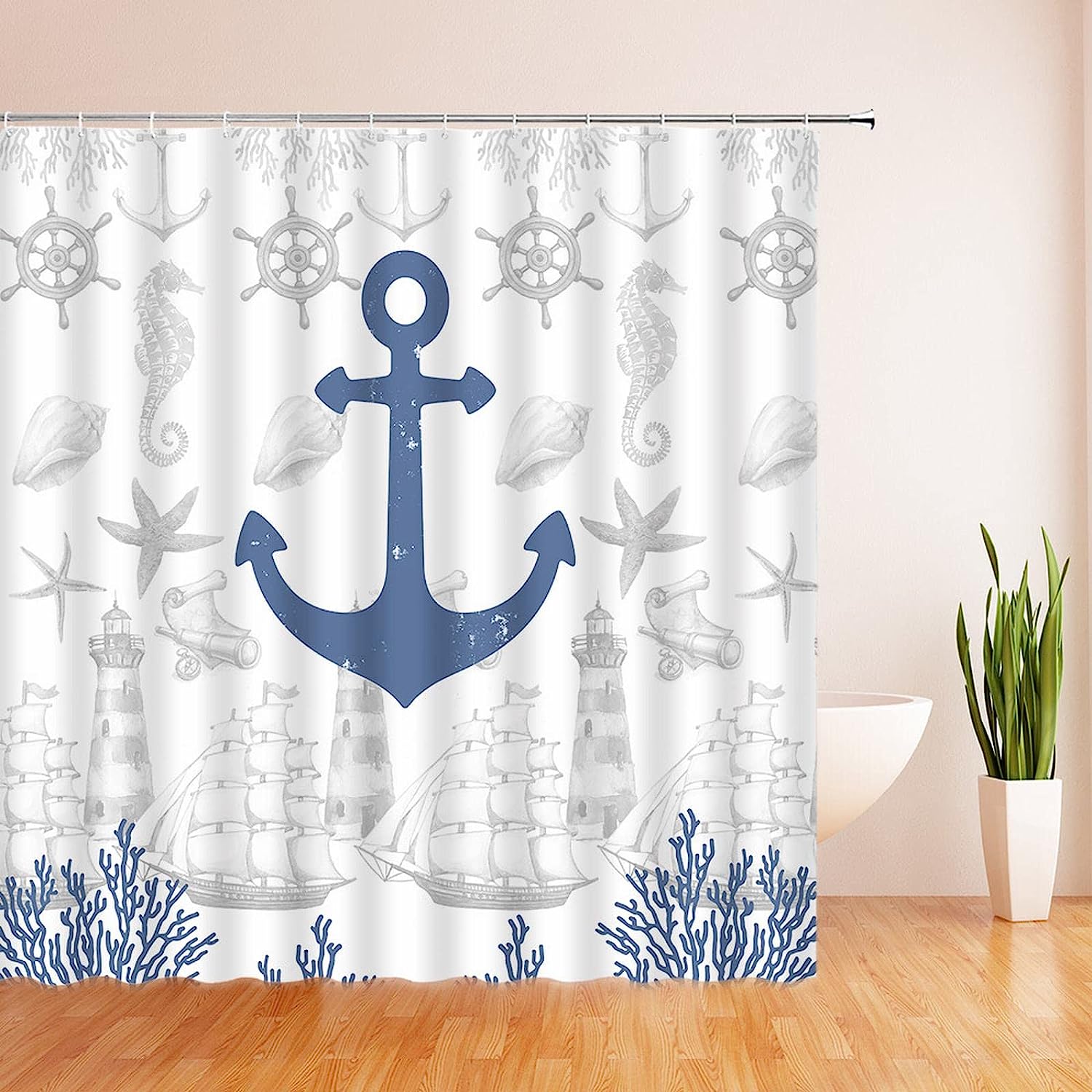 Nautical Anchor Coastal Shower Curtain, Shell Seahorse Marine Life Design for a Beachy Bathroom