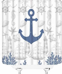 Nautical Anchor Coastal Shower Curtain, Shell Seahorse Marine Life Design for a Beachy Bathroom