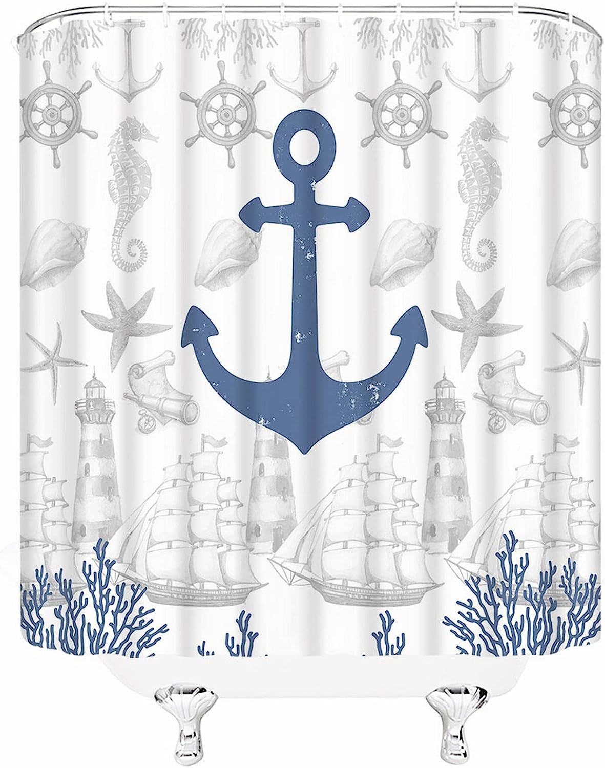 Nautical Anchor Coastal Shower Curtain, Shell Seahorse Marine Life Design for a Beachy Bathroom