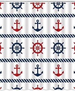Nautical Anchor Geometric Shower Curtain, Red Navy Blue White Stripe Design for Modern Bathroom 