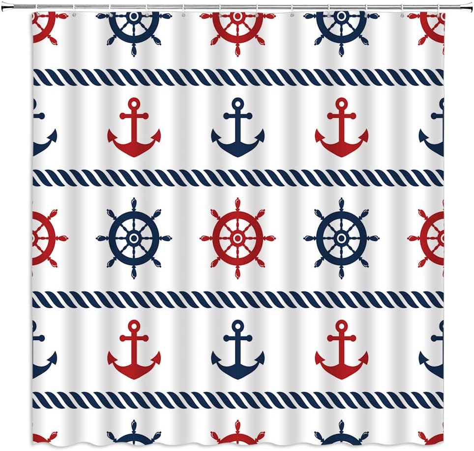 Nautical Anchor Geometric Shower Curtain, Red Navy Blue White Stripe Design for Modern Bathroom
