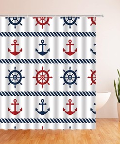 Nautical Anchor Geometric Shower Curtain, Red Navy Blue White Stripe Design for Modern Bathroom