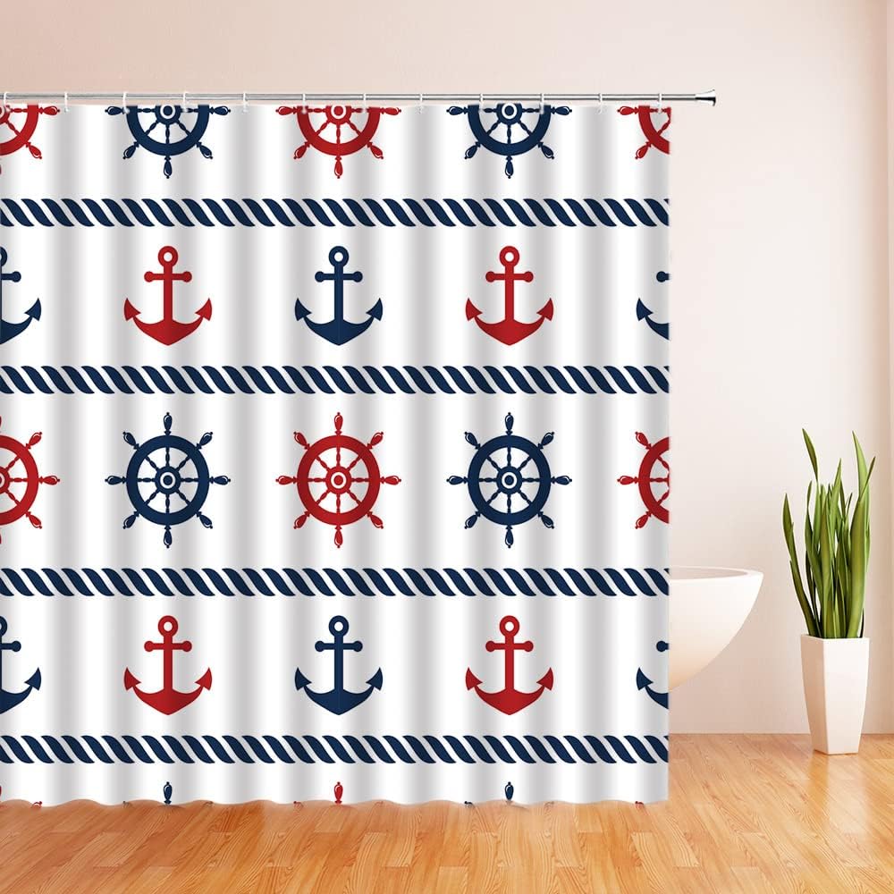 Nautical Anchor Geometric Shower Curtain, Red Navy Blue White Stripe Design for Modern Bathroom