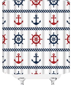 Nautical Anchor Geometric Shower Curtain, Red Navy Blue White Stripe Design for Modern Bathroom