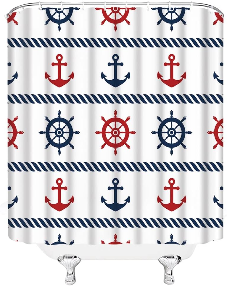 Nautical Anchor Geometric Shower Curtain, Red Navy Blue White Stripe Design for Modern Bathroom