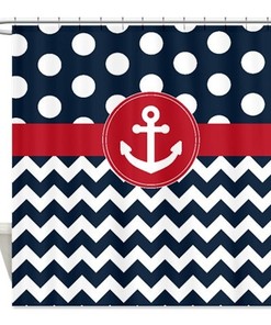 Nautical Anchor Gray and White Shower Curtain, Chevron Polka Dot Customizable Design