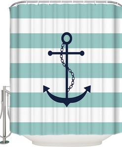 Nautical Anchor Green and White Stripe Shower Curtain, Beach Bathroom Decor with Sailor Theme