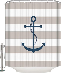 Nautical Anchor Grey and White Stripe Shower Curtain, Beach Bathroom Decor with Sailor Theme