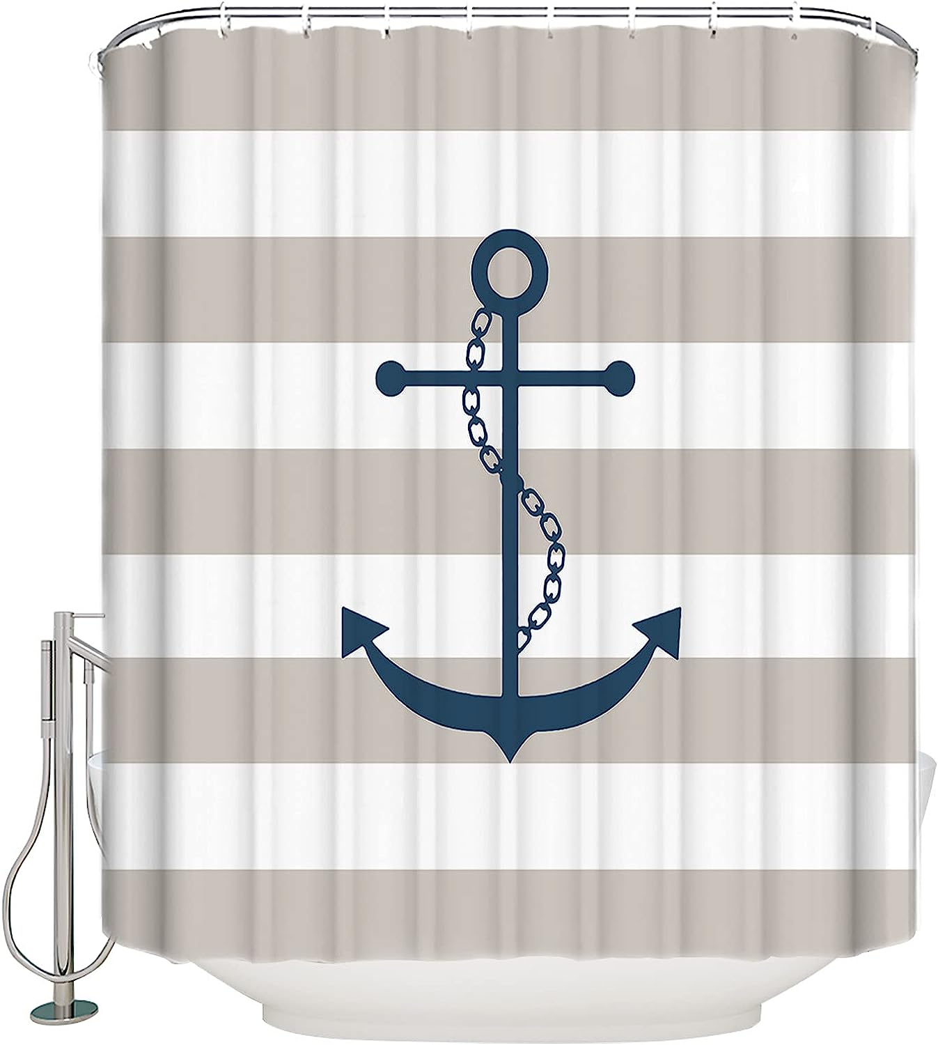 Nautical Anchor Grey and White Stripe Shower Curtain, Beach Bathroom Decor with Sailor Theme