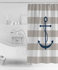 Nautical Anchor Grey and White Stripe Shower Curtain, Beach Bathroom Decor with Sailor Theme