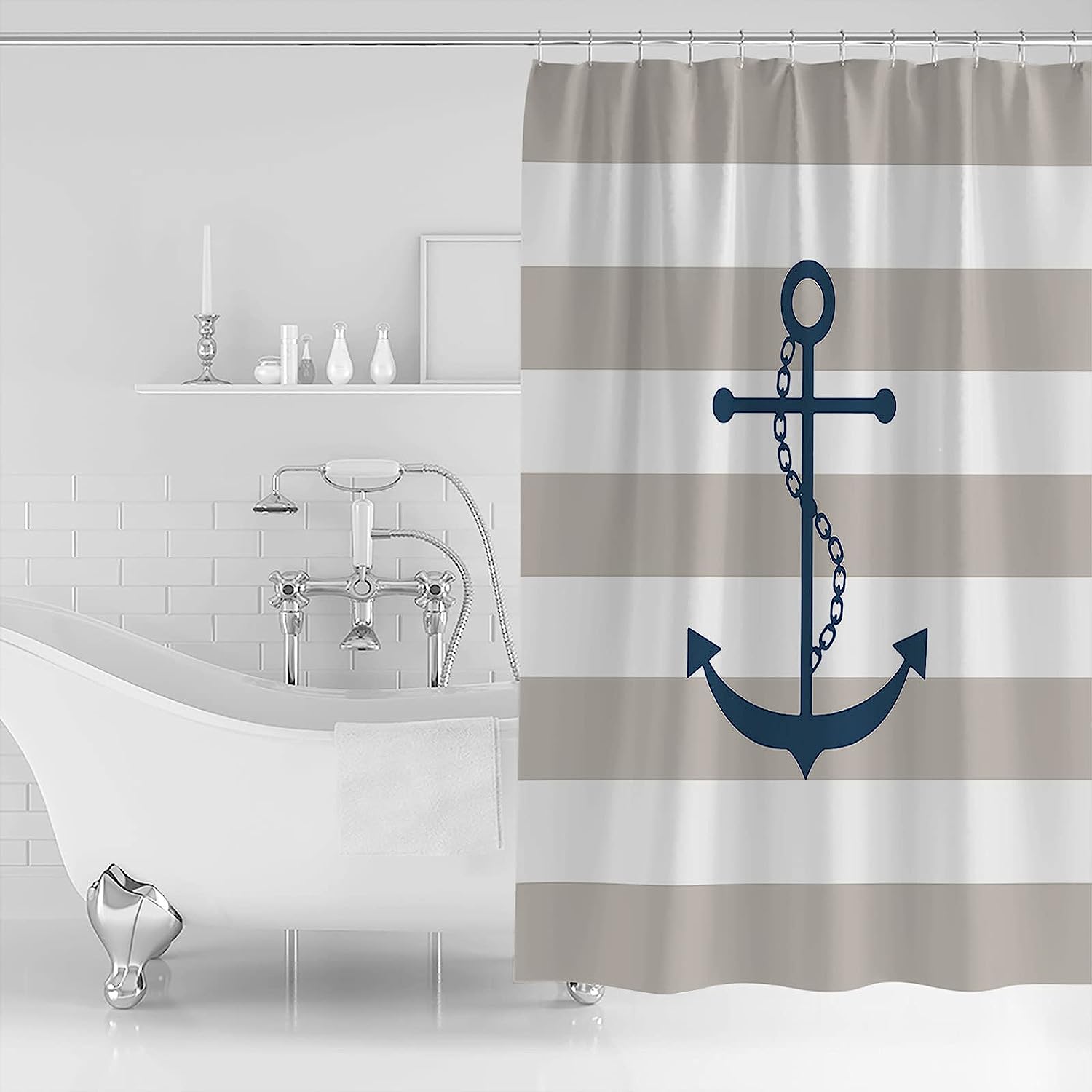 Nautical Anchor Grey and White Stripe Shower Curtain, Beach Bathroom Decor with Sailor Theme