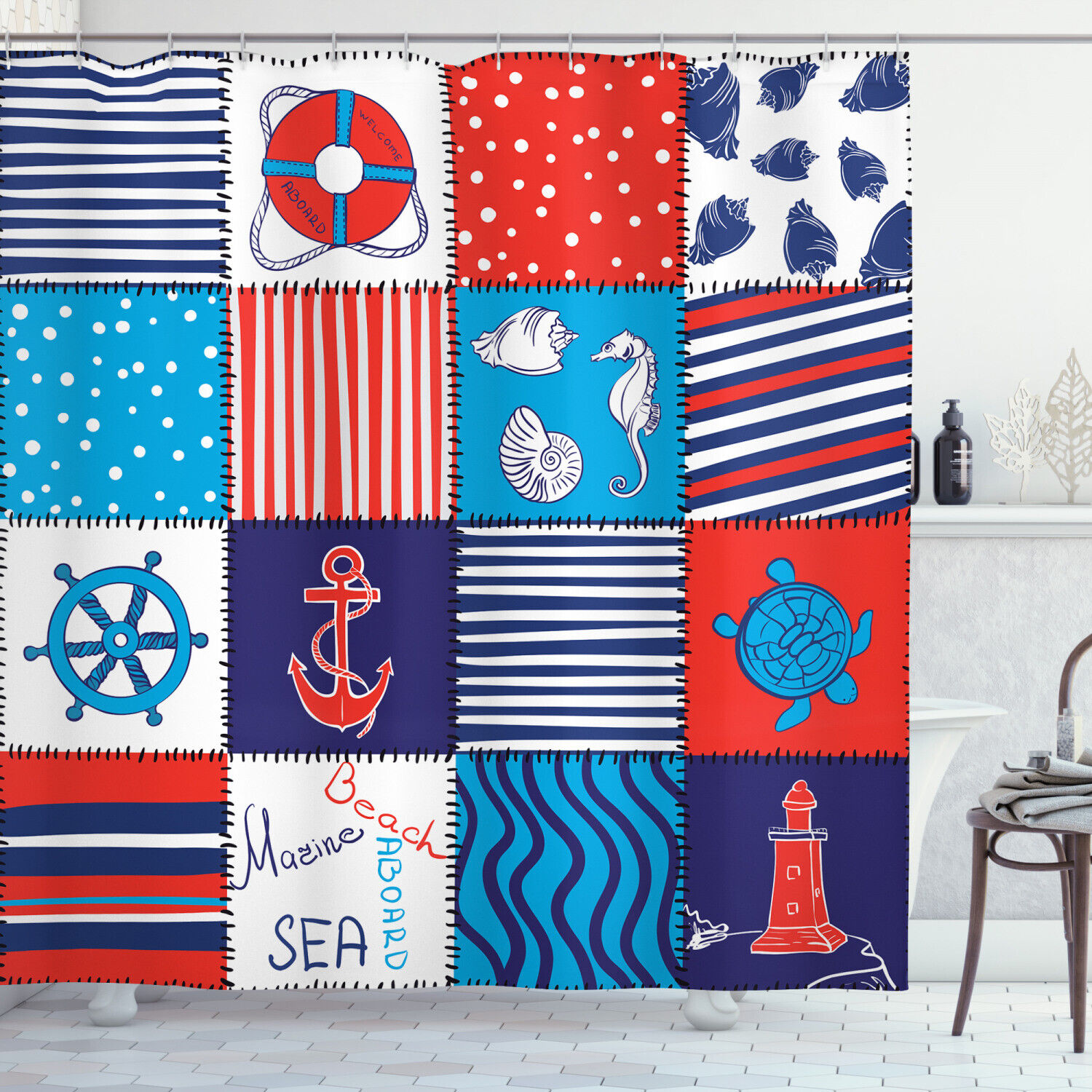 Nautical Anchor Helm And Fish Geometric Pattern Shower Curtain For Bathroom Decor