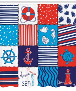 Nautical Anchor Helm And Fish Geometric Pattern Shower Curtain For Bathroom Decor