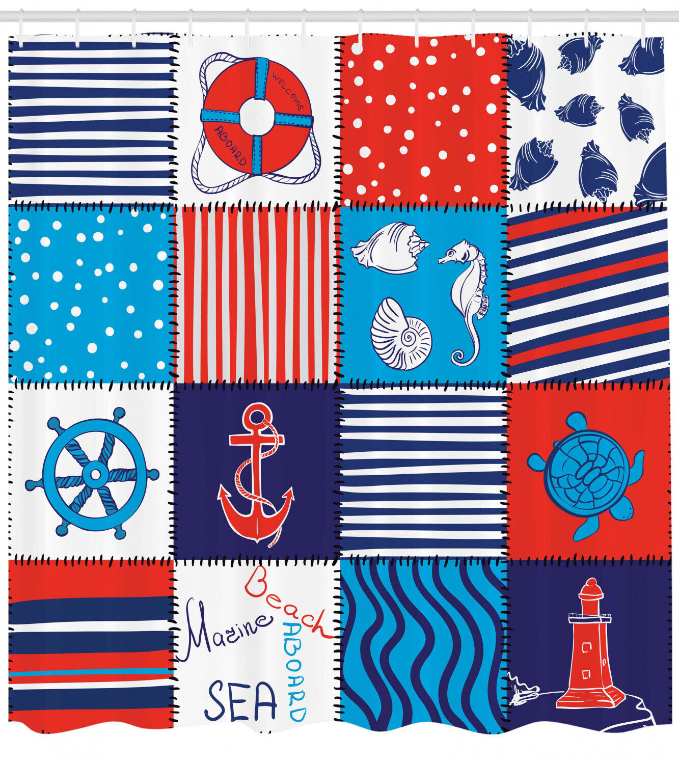 Nautical Anchor Helm And Fish Geometric Pattern Shower Curtain For Bathroom Decor