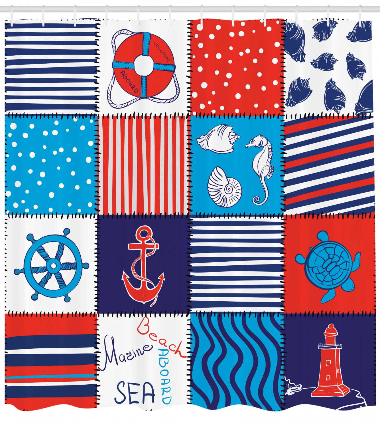 Nautical Anchor Helm And Fish Geometric Pattern Shower Curtain For Bathroom Decor