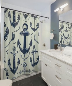 Nautical Anchor Minimalist Shower Curtain, Navy Blue Art Print for a Coastal Bathroom 
