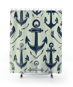 Nautical Anchor Minimalist Shower Curtain, Navy Blue Art Print for a Coastal Bathroom