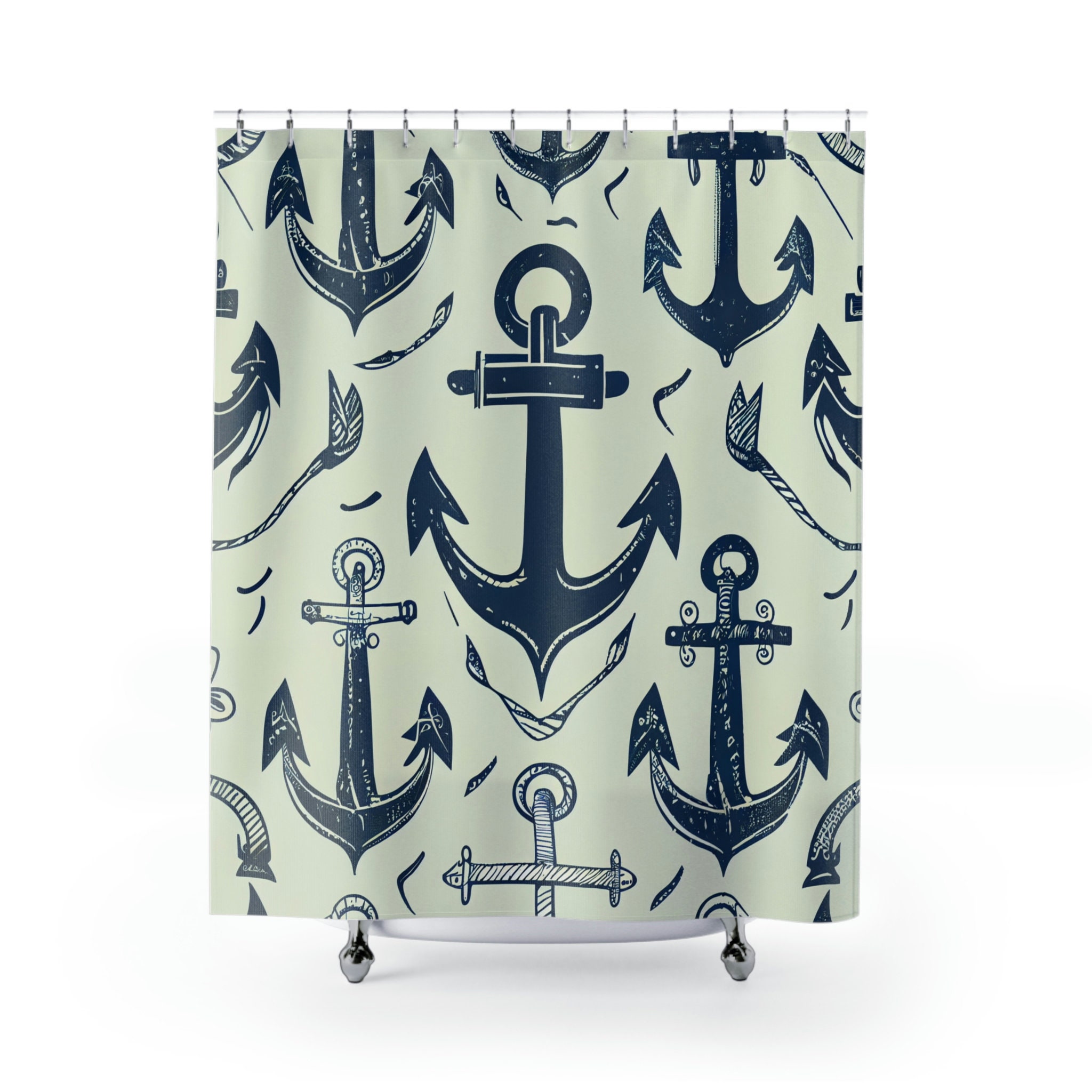 Nautical Anchor Minimalist Shower Curtain, Navy Blue Art Print for a Coastal Bathroom
