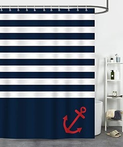 Nautical Anchor Navy Blue Stripe Shower Curtain for Bathroom 