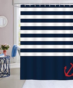 Nautical Anchor Navy Blue Stripe Shower Curtain for Bathroom