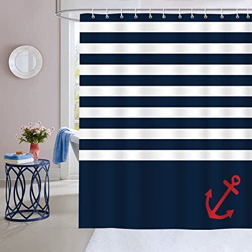 Nautical Anchor Navy Blue Stripe Shower Curtain for Bathroom