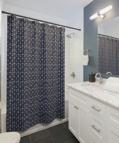 Nautical Anchor Optical Illusion Shower Curtain, Navy and White Beachy Art Design 