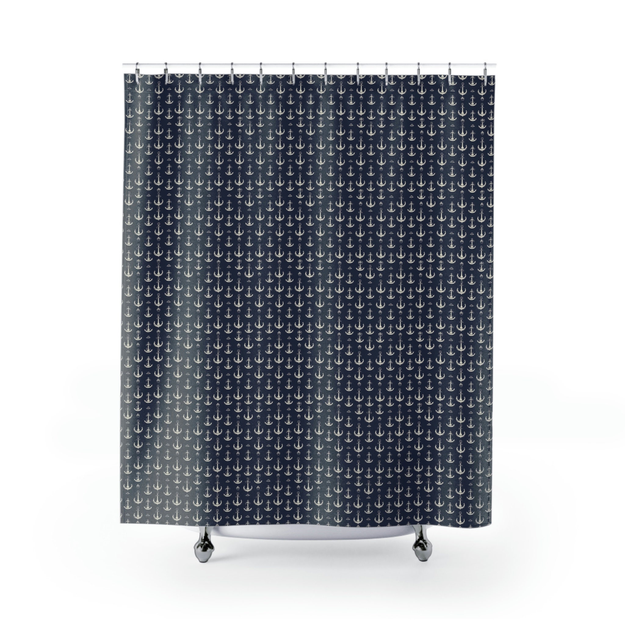 Nautical Anchor Optical Illusion Shower Curtain, Navy and White Beachy Art Design