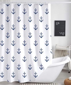 Nautical Anchor Restroom Shower Curtain, Navy Blue and White Fabric Set for Ocean Bathroom 
