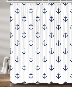 Nautical Anchor Restroom Shower Curtain, Navy Blue and White Fabric Set for Ocean Bathroom