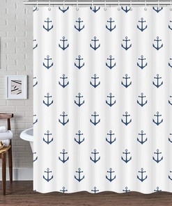 Nautical Anchor Restroom Shower Curtain, Navy Blue and White Fabric Set for Ocean Bathroom 
