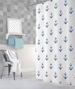 Nautical Anchor Restroom Shower Curtain, Navy Blue and White Fabric Set for Ocean Bathroom 