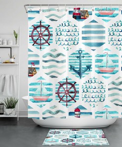 Nautical Anchor Rudder Sailboat Lighthouse Bathroom Shower Curtain Accessory