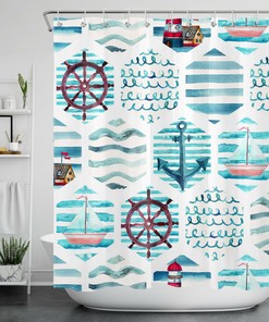 Nautical Anchor Rudder Sailboat Lighthouse Bathroom Shower Curtain Accessory