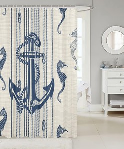 Nautical Anchor Seahorse Shower Curtain, Geometric Rope Knot Design for a Retro Bathroom