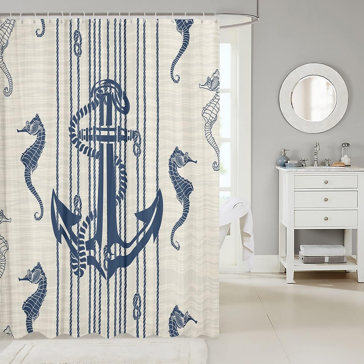 Nautical Anchor Seahorse Shower Curtain, Geometric Rope Knot Design for a Retro Bathroom