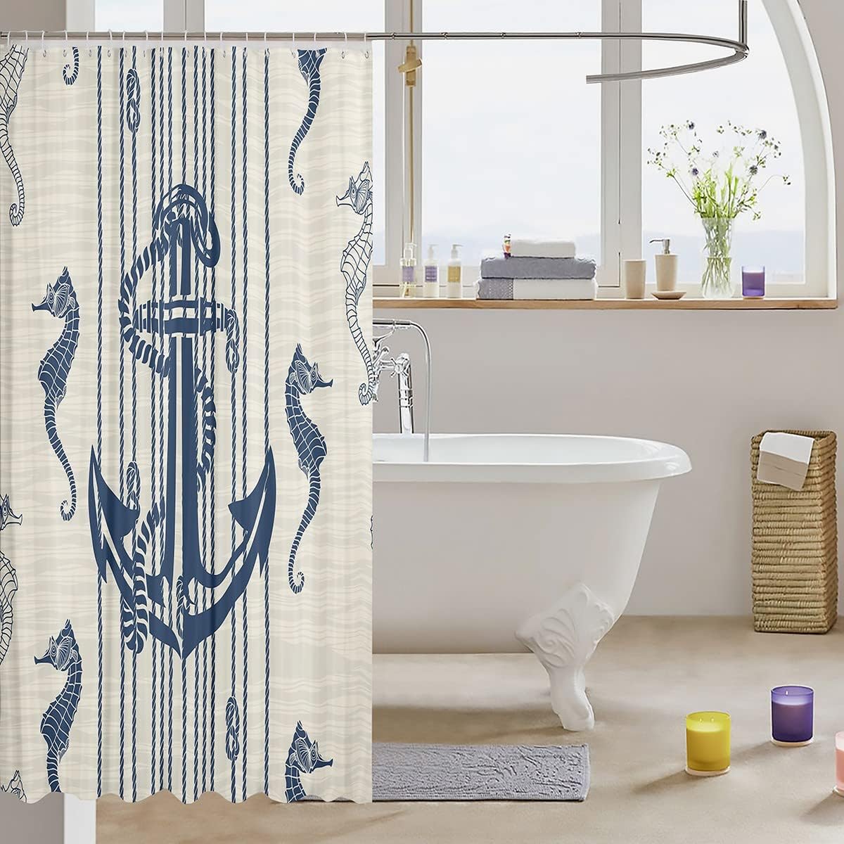 Nautical Anchor Seahorse Shower Curtain, Geometric Rope Knot Design for a Retro Bathroom