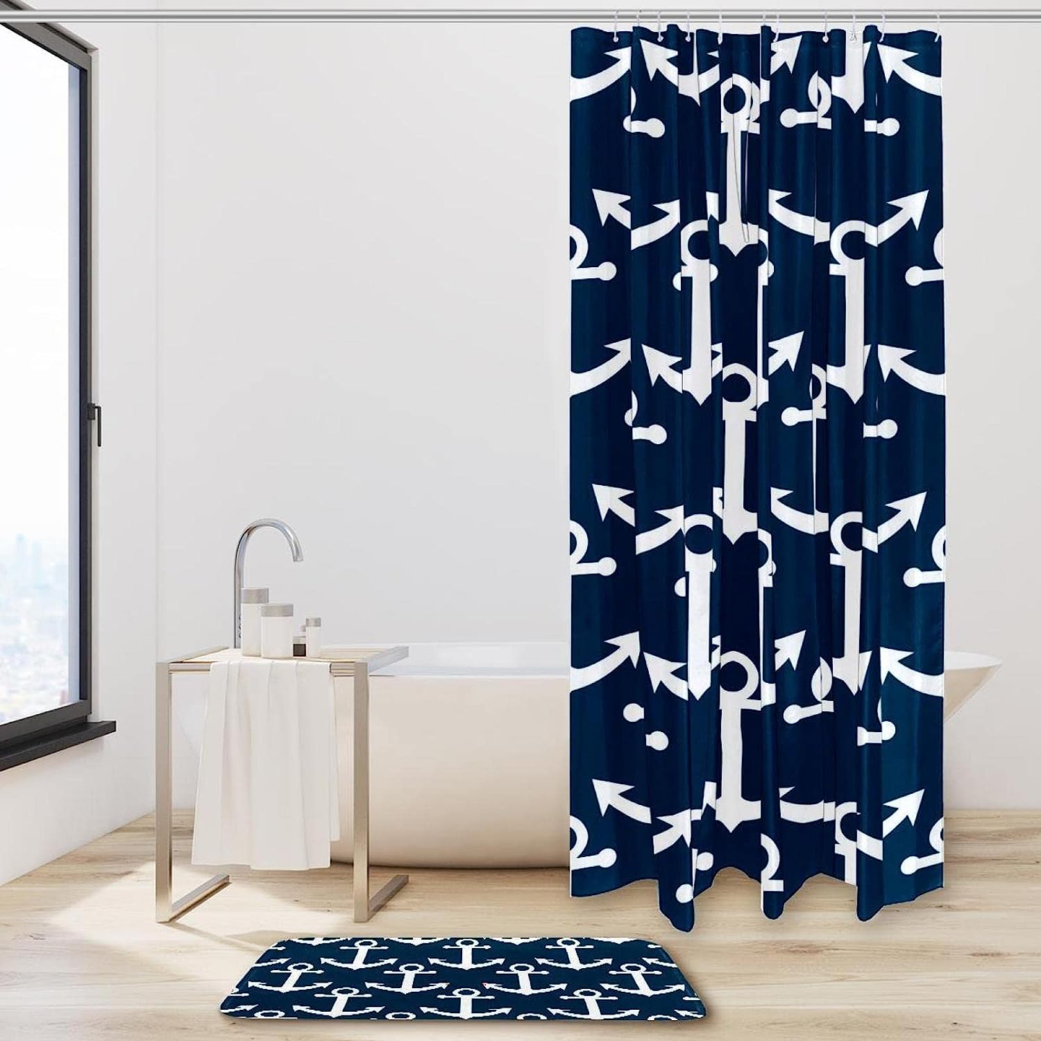 Nautical Anchor Seamless Pattern Shower Curtain, Waterproof Design for a Beachy Bathroom