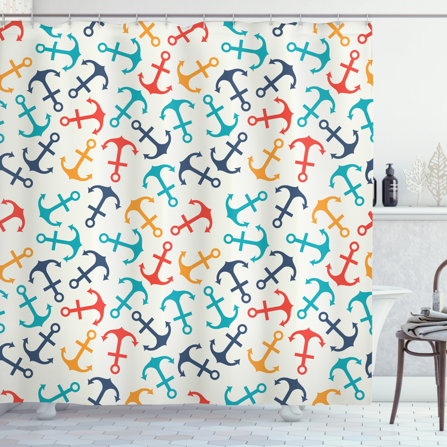 Nautical Anchor Shape In Lines Print Shower Curtain For A Bold Bathroom Look