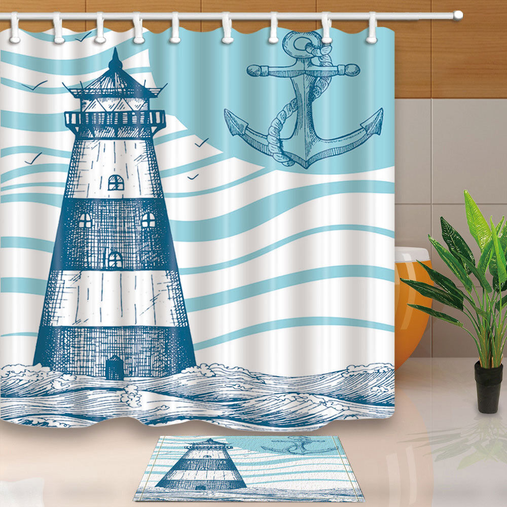 Nautical Anchor Shower Curtain, Fabric Shower Curtain in a Lighthouse Design