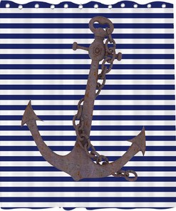 Nautical Anchor Shower Curtain - LB Blue White Stripes Background Pirate Ocean Themed Bathroom Decor