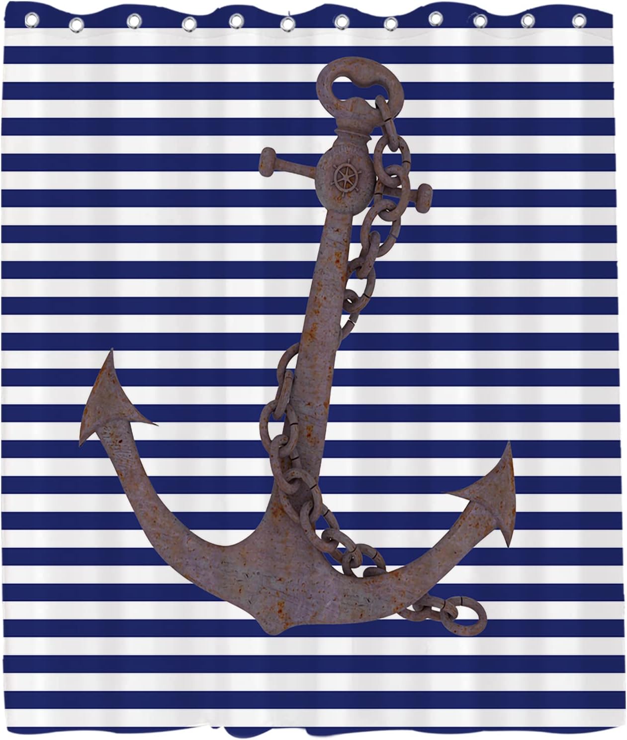 Nautical Anchor Shower Curtain - LB Blue White Stripes Background Pirate Ocean Themed Bathroom Decor